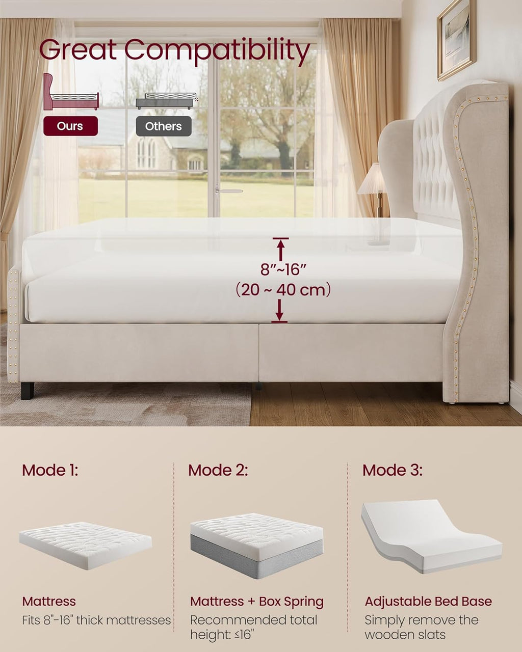VASAGLE Queen Platform Bed Frame, Upholstered, Wooden Slats
