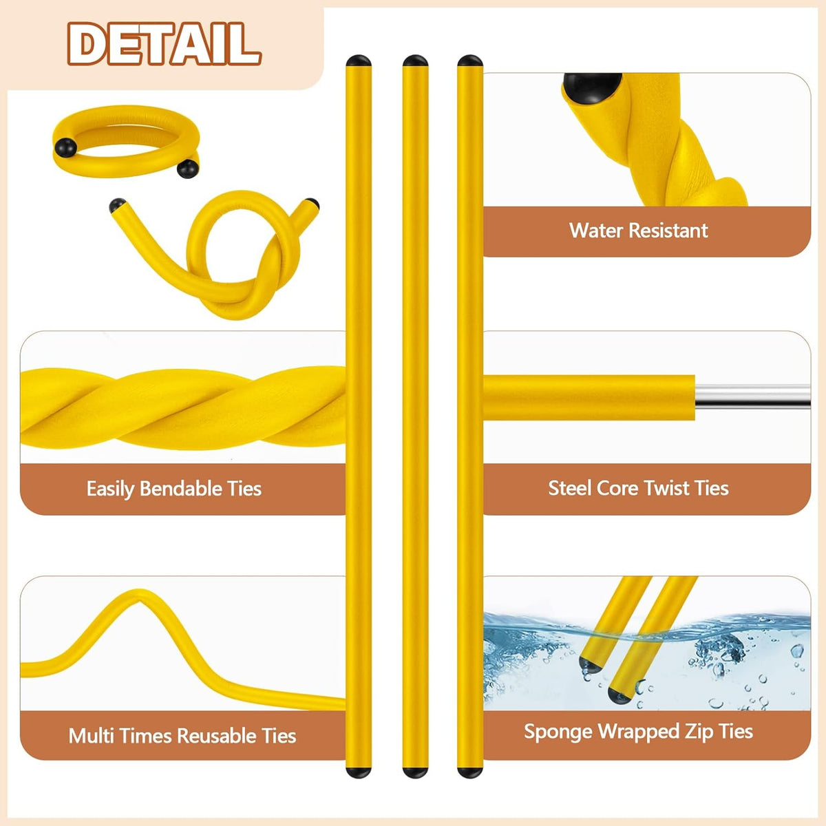 20 Pcs 17 Inch EVA Foam Twist Rubber Ties Reusable Bendable Cable Tie Straps Flexible Heavy Duty Twisty Ties for Organizing Cords Bundling (Yellow)