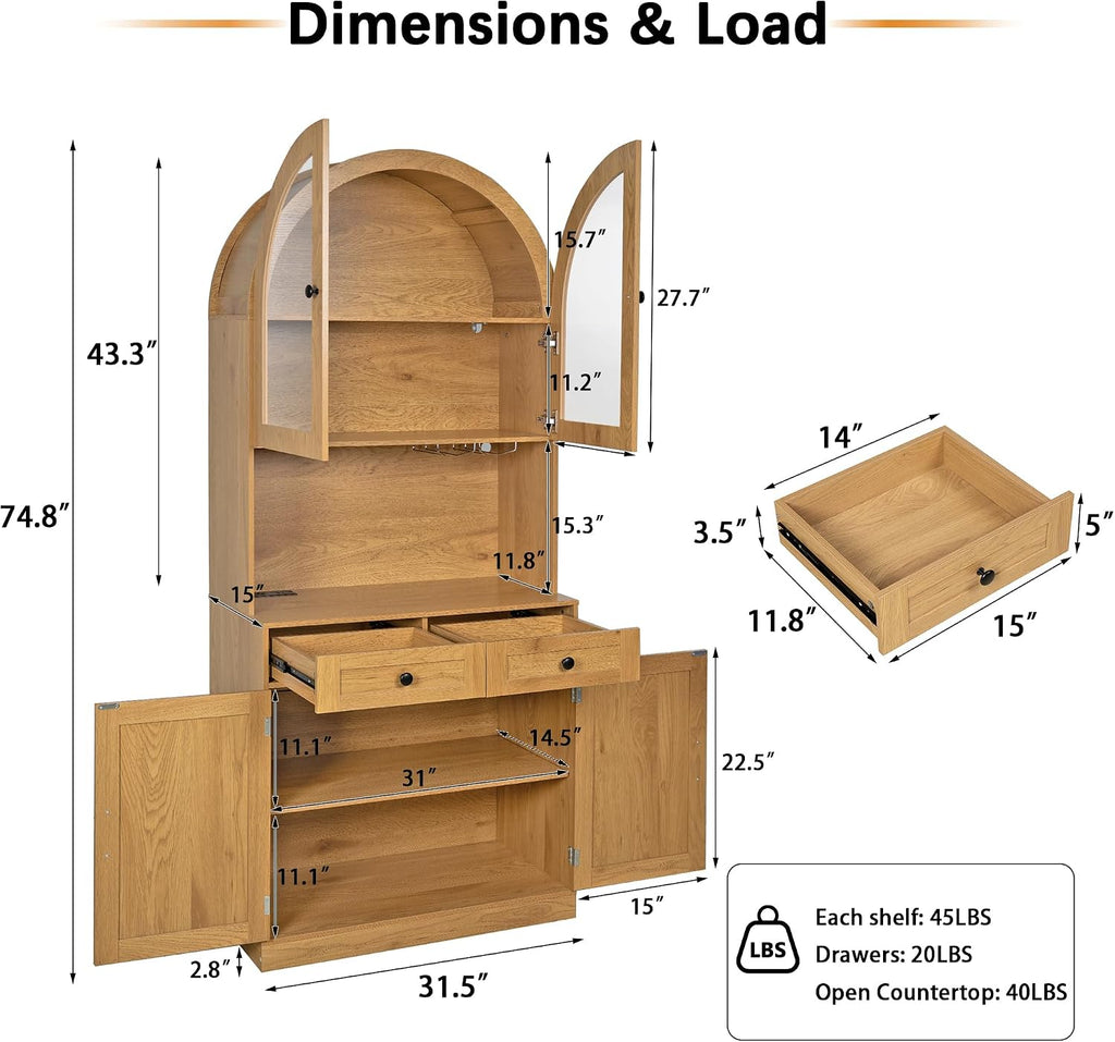 Farmhouse Pantry Cabinet w/Charging Station, Oak | Adjustable Shelves & Open Countertop, Cup Holder & 2 Drawers 75" Tall Arched Coffee Bar for Kitchen Dining Room Living Room
