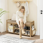 Homaxy 2-Tier Shoe Rack Bench with Side Holder, 39.4 in Bamboo Entryway Bench, Shoe Rack Organizer with Cushion for Front Entrance, Hallway Living Room Bedroom, Walnut and Light Brown