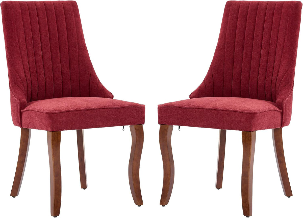 Aoowow Linen Blend Upholstered Dining Chairs Set of 2,Channel Tufted Dinner Chairs for Kitchen with Solid Wood Legs,Neutral Fabric Side Chairs for Dining Room,Living Room(Wine Red)