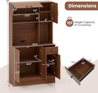 LOKO 66” Tall Pantry with Charging Station, Freestanding Storage Cabinet with Microwave Stand, Wine Glass Holder, Adjustable Shelves, Kitchen Hutch Cabinet for Living Room, Dining Room, Brown
