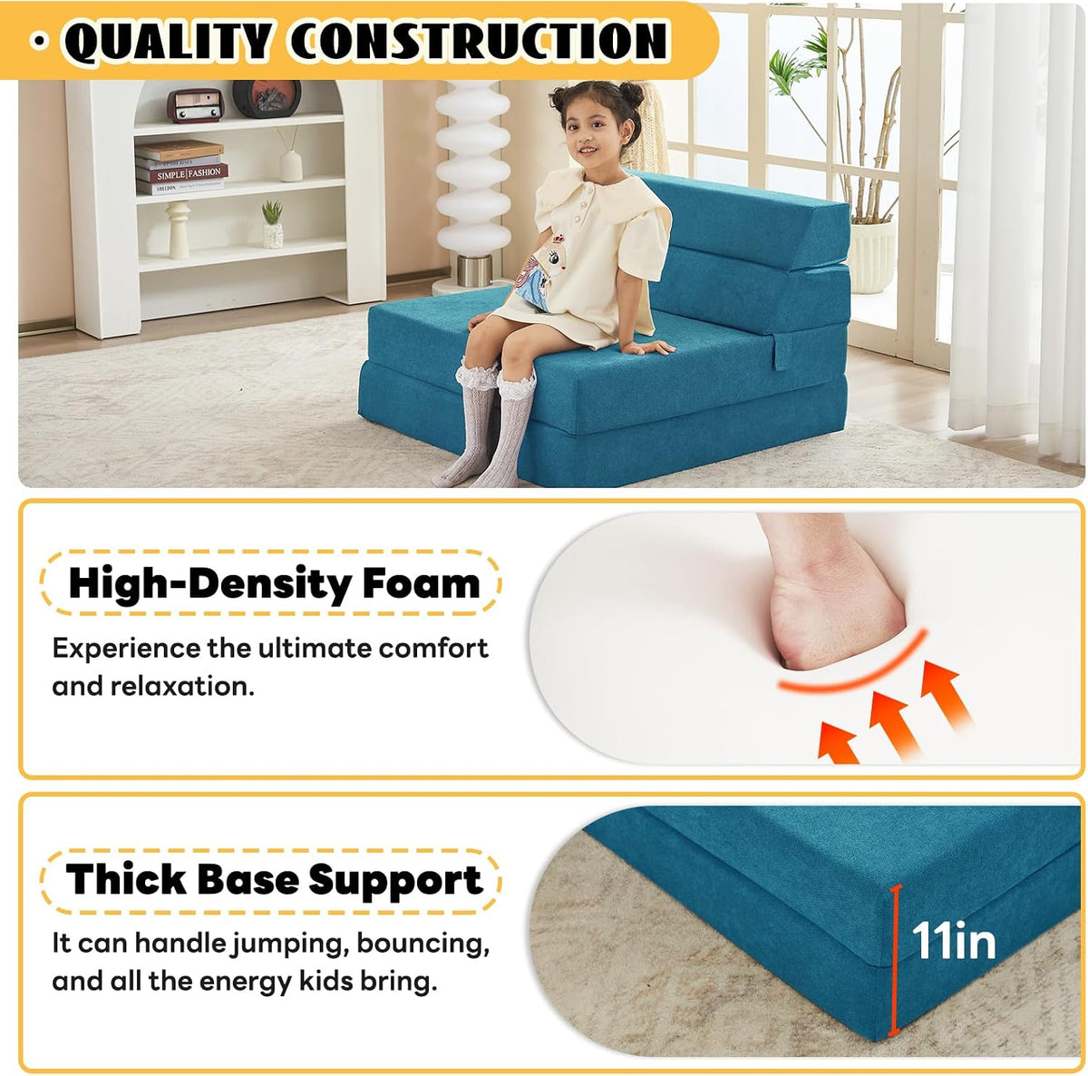 jela Foldable Sofa Bed, Convertible Sleeper Lounge Chair Floor Mattress Floor Couch with Backrest, Fold Out Futon with Washable Miss Fabric Cover for Guest Room, Living Room (83"x33",Teal)