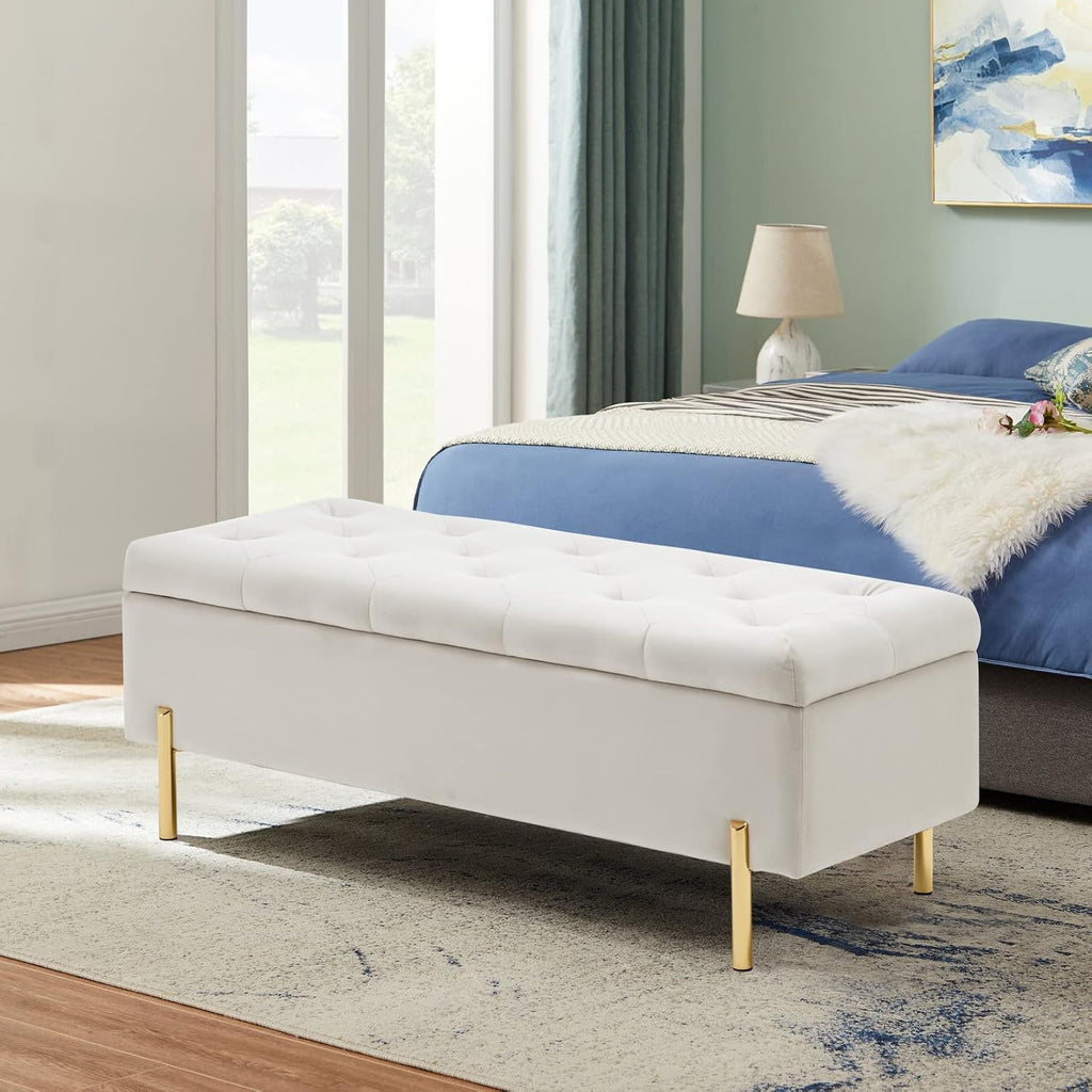 Velvet Storage Bench Ottoman,Versatile Seating with Hidden Storage,End of Bed Bench,Tufted Bench for Bedroom,Living Room,Entryway,Ivory