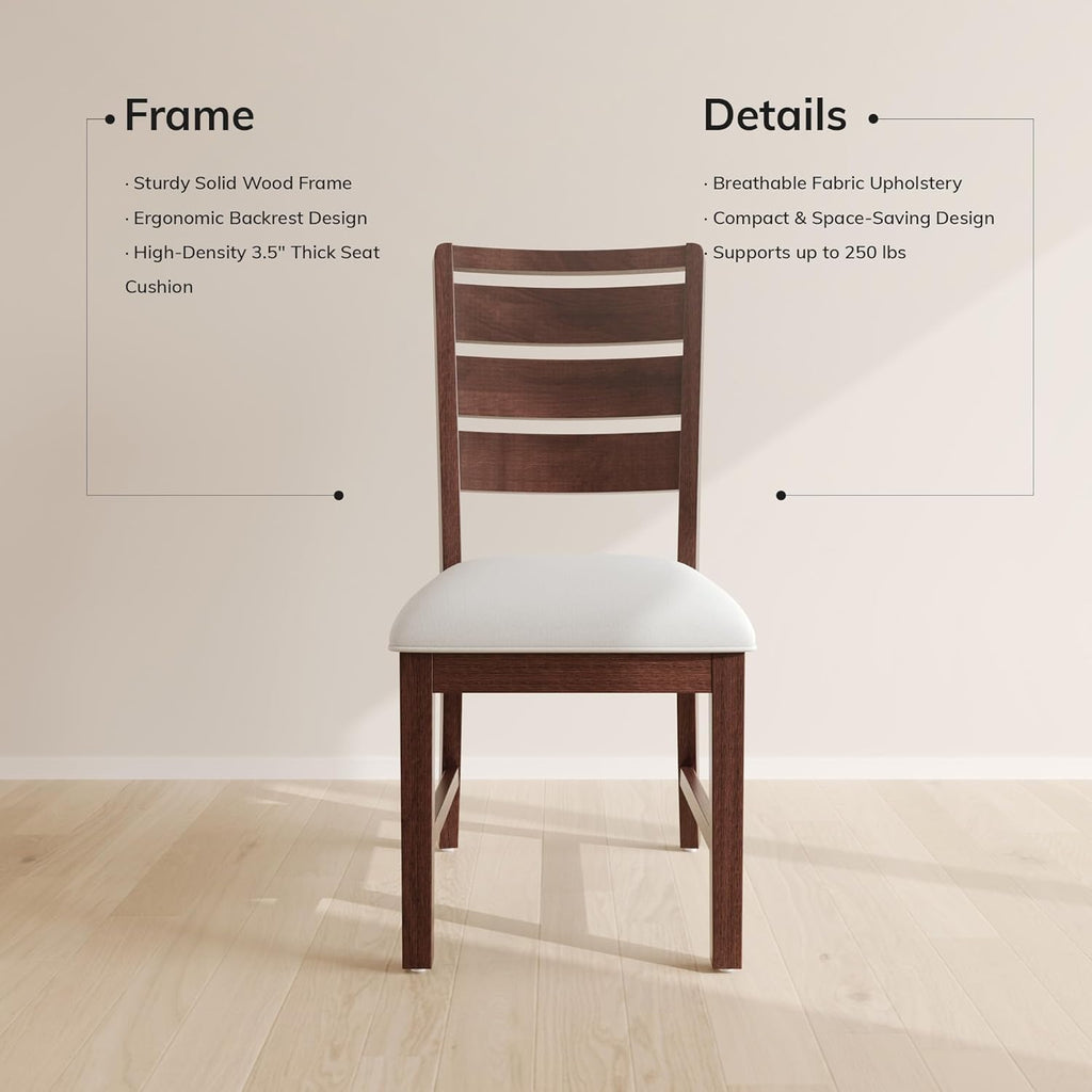 COLAMY Wooden Dining Chairs Set of 2, Farmhouse Upholstered Dining Room Chairs with 3.5" Thick Cushion, FSC Solid Wood Ladder Back Kitchen Chairs for Home and Restaurant, Easy Clean,Brown