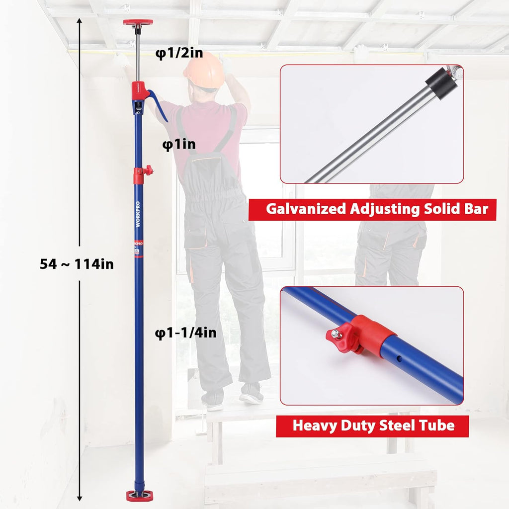 WORKPRO Cabinet Jack Support Pole, 54-114 Inches Steel Telescopic Quick Support Rod Adjustable 3rd Hand Support System with 154 lbs Capacity for Cabinet Jack, Drywall Jack& Cargo Bars, 2-Pack
