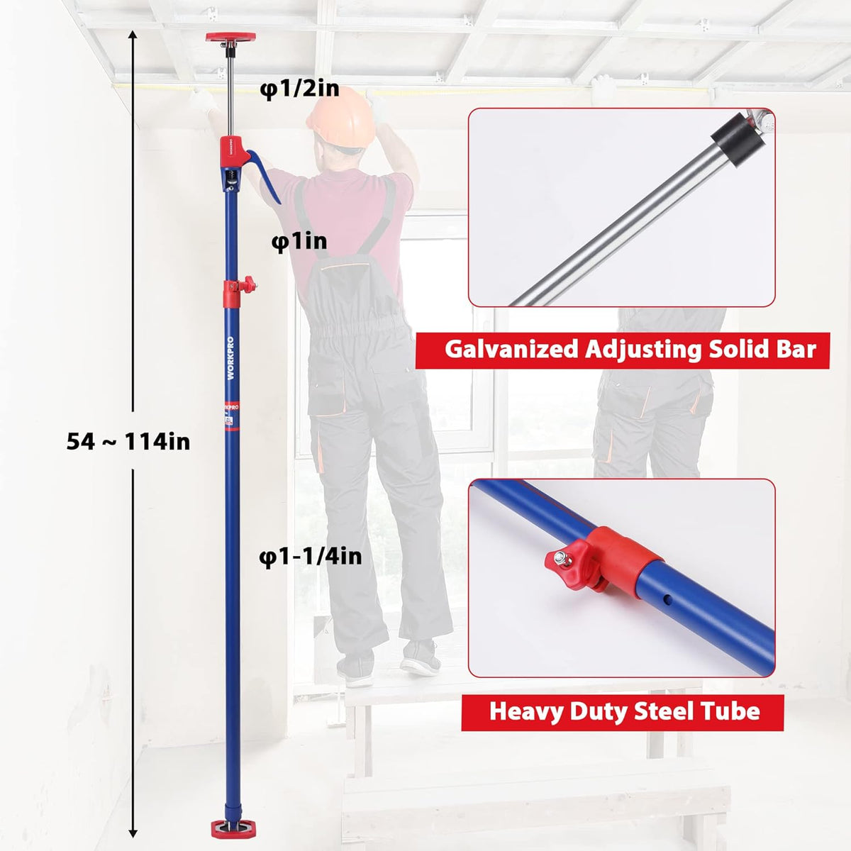 WORKPRO Cabinet Jack Support Pole, 54-114 Inches Steel Telescopic Quick Support Rod Adjustable 3rd Hand Support System with 154 lbs Capacity for Cabinet Jack, Drywall Jack& Cargo Bars, 2-Pack
