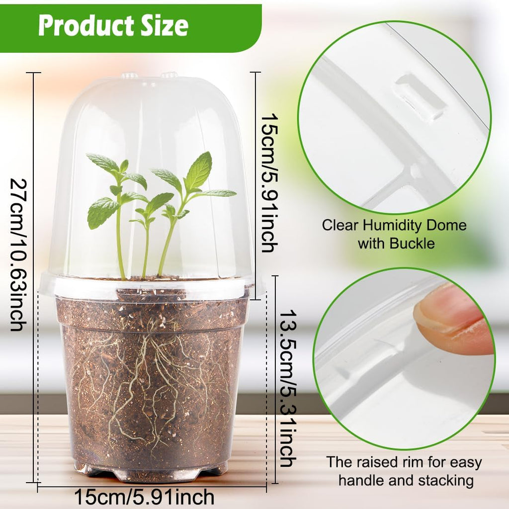 6 Inch Clear Nursery Pots with Humidity Dome, 15 Pack Durable Seed Starting Pot with Drainage Holes, Transparent Plastic Plant Seedling Pots for Indoor Gardening Plants