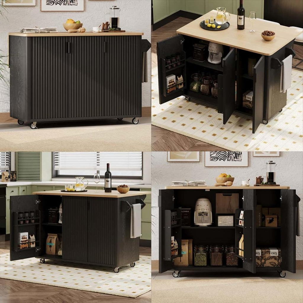 Movable Kitchen Island with Drop Leaf Countertop Height-Adjustable Shelves, Kitchen Island with Drop Leaf with Wheels Towel Rack， for Kitchen, Dining Room, Black