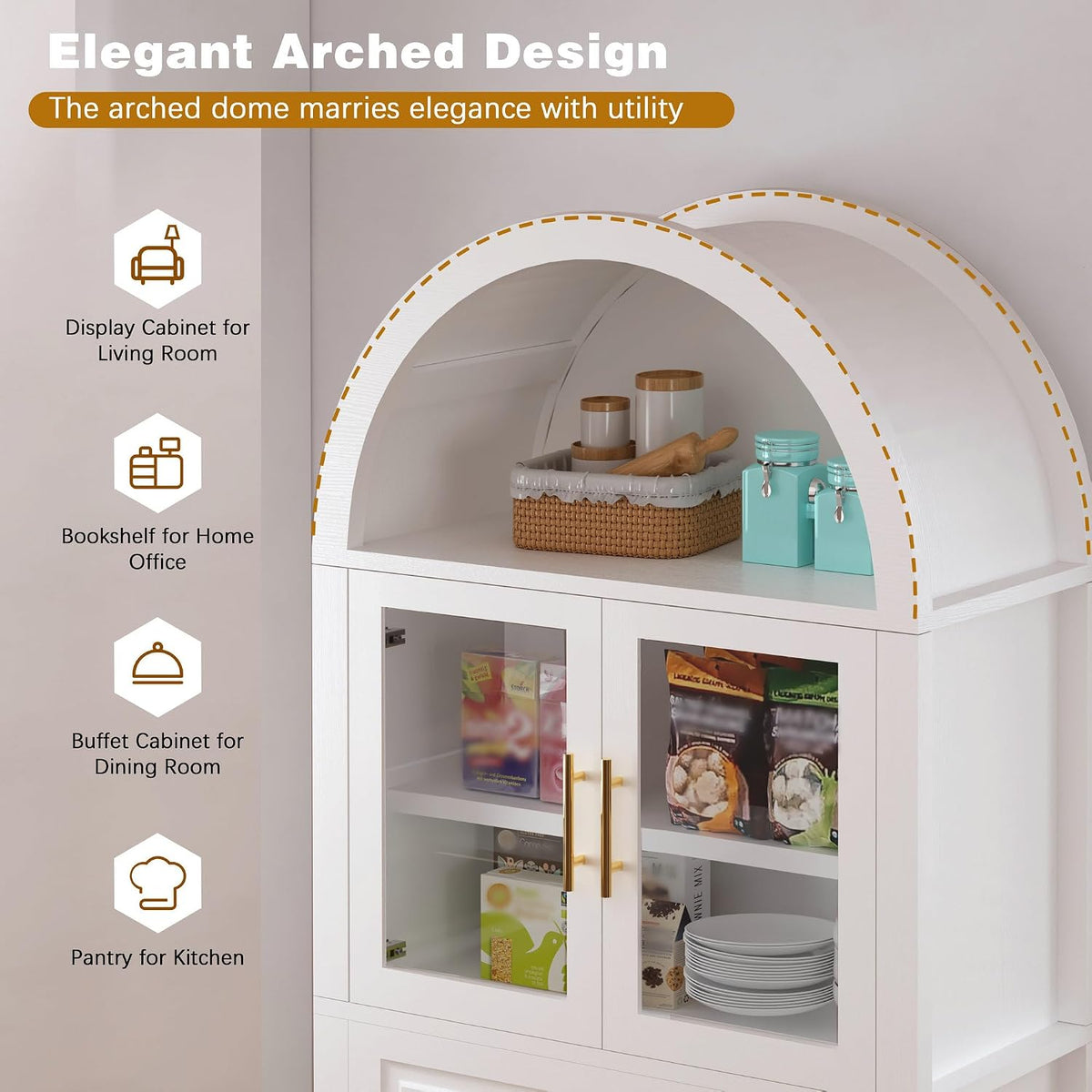 SOFTSEA Arched Kitchen Pantry Cabinet with Glass Door, 71" Tall Cupboard Cabinet with Adjustable Shelves & Barn Door, Farmhouse Kitchen Hutch with Drawer for Dining Room, White