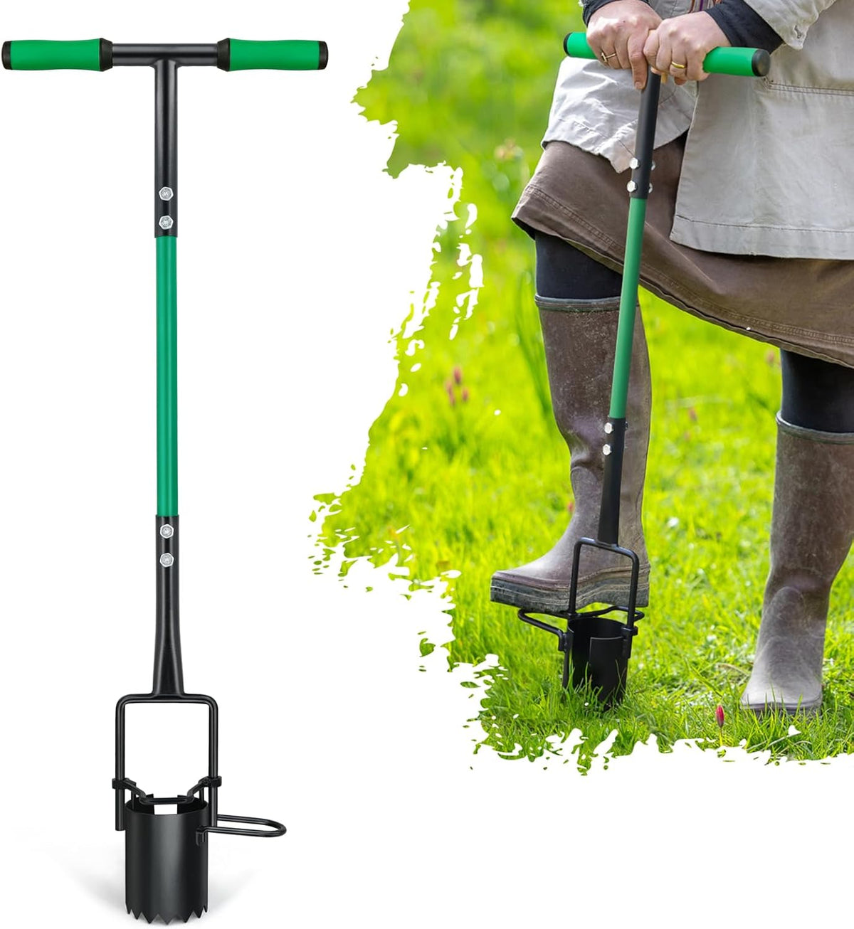 Bulb Planter Tool, Sod Plugger with Long Handle Serrated Base, 5-in-1 Lawn Plug Garden Tool for Transplanting, Digging, Grass Plug, Soil Sampler, Planting for Tulips, Iris, Daffodils