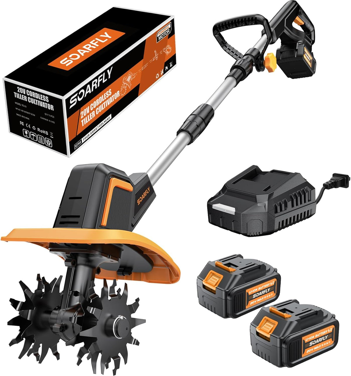 Upgraded Cordless Tiller for Gardening with 8.0Ah (2×4.0Ah Batteries), 48 Steel Tines Battery Rototiller, 9" Width 6.6" Depth Garden Tiller Cultivator for Soil, Tending & Composting (Orange)