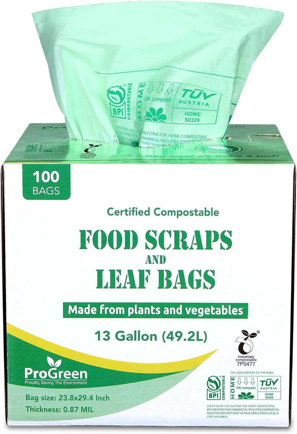 ProGreen Compostable Trash Bags, Extra Thick, Compost Kitchen Bin Bags, Food Scraps Yard Waste Bags, ASTM D6400 BPI and TÜV AUSTRIA Certified (13 Gallon, Pack of 100)