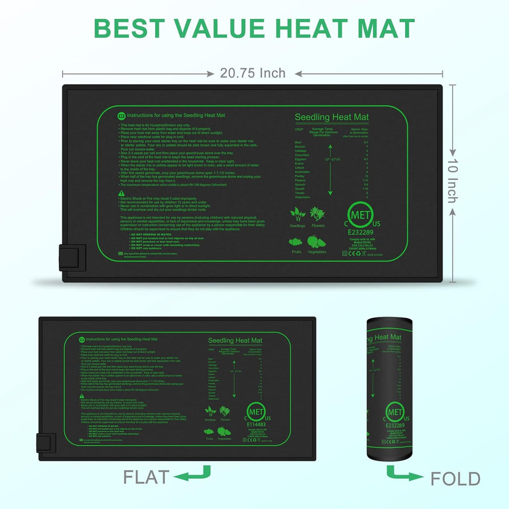 GYTF 21W Seedling Heat Mat for Seed Starting, 10" x 20.75" Waterproof Heating Pad for Indoor Plants Germination Hydroponic, MET Standard - 2 Pack