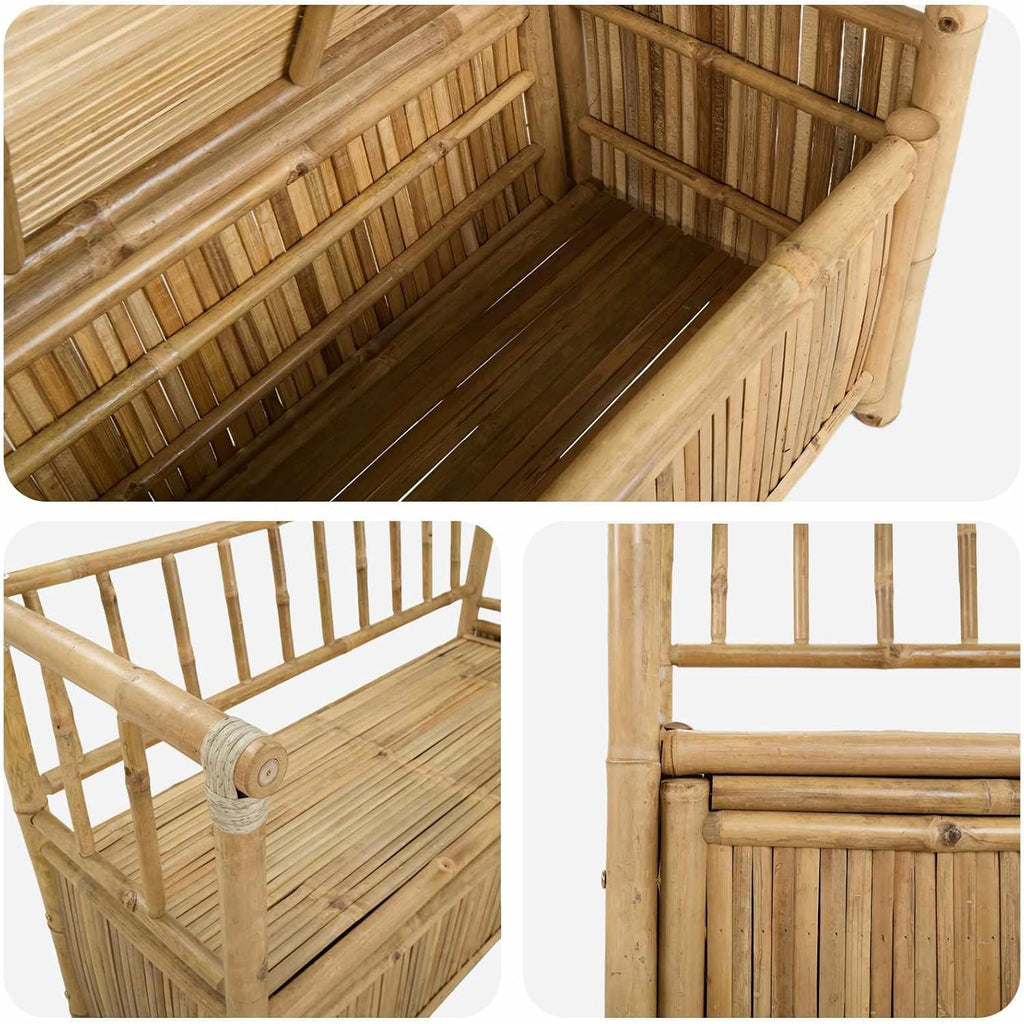 Garden Storage Bench 110 x 47 x 80 cm Bamboo Natural | Post Leg Design, Indoor Outdoor Use, Hidden Storage Under Seat, Easy Assembly Required
