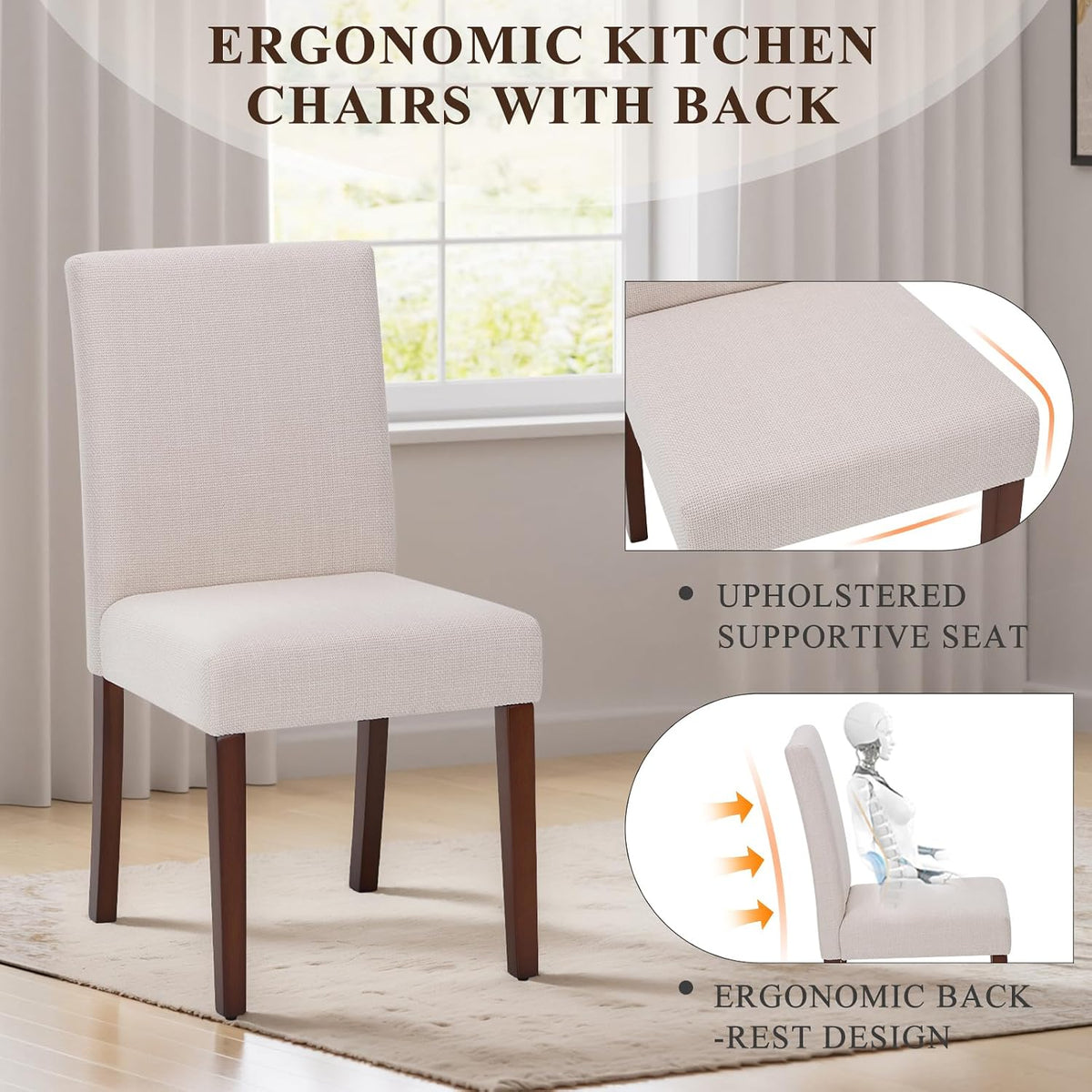 MALOL Upholstered Dining Chairs Set of 2, Fabric Dining Room Chairs, Modern Wooden Dining Chair, Kitchen Side Chairs, Farmhouse Dinner Chair with High Back for Kitchen, Beige