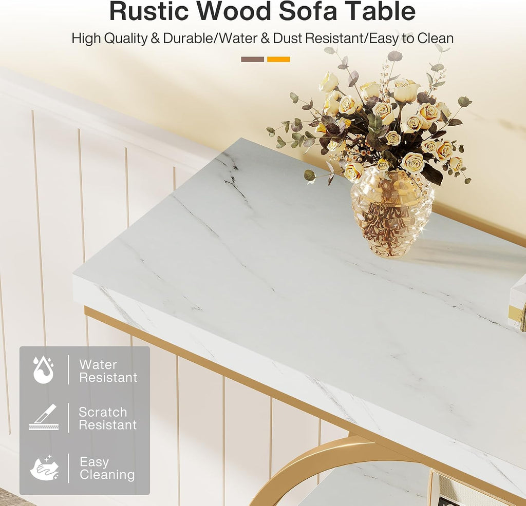Tribesigns 41.3" Console Table, Industrial 4-Tier Sofa Entryway Table with Circle Base, Narrow Wood Accent Tables with Storage Shelves for Living Room, Hallway, Foyer, White Gold