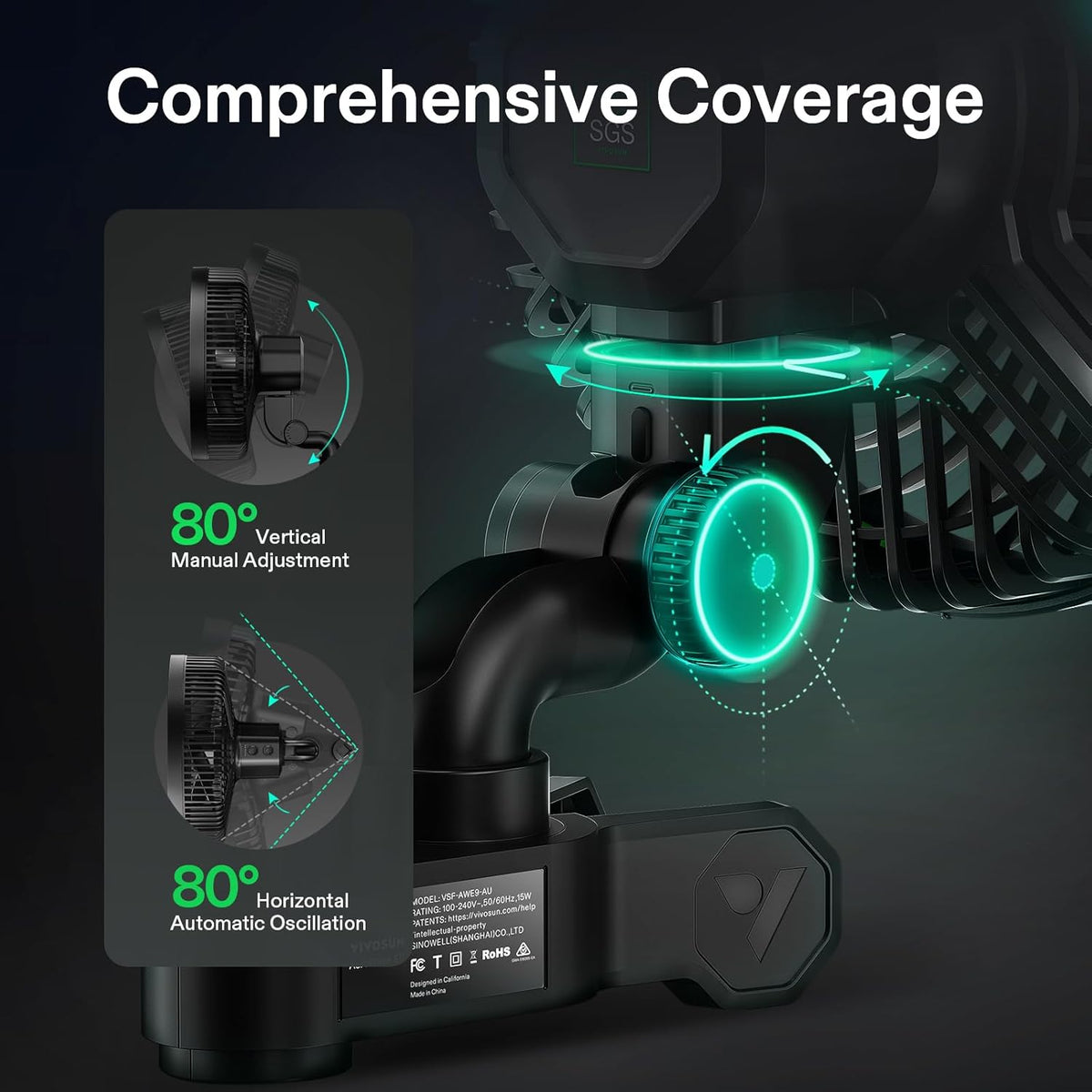 VIVOSUN AeroWave E9 Grow Tent Fan 9”, EC Motor, WiFi-Controllable, US Patented Auto Oscillating Clip fan, IP54 Weatherproof, Strong Airflow & Quiet for Hydroponic Ventilation Circulation, Black