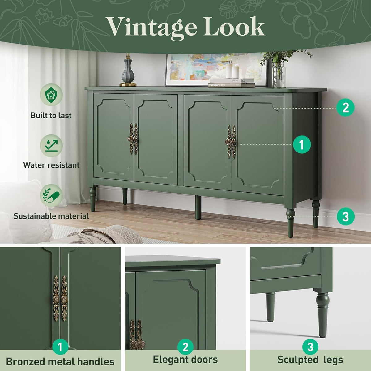FansaFurn 58" Large Sideboard Buffet Cabinet with 4 Doors, Modern Credenza Buffet Table for Coffee Bar, Storage Cabinet for Dining Room Living Room, Green