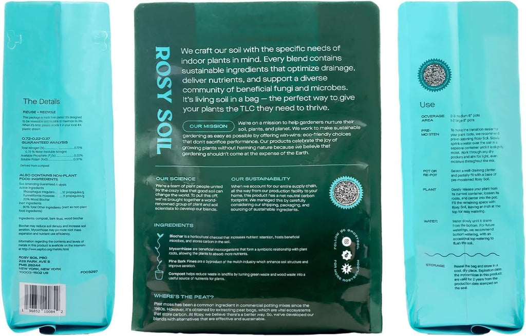 Rosy Soil Indoor Potting Soil for House Plants - Organic Potting Soil Mix for Indoor Plants - Enriched w/Root-Boosting Biochar for Foliage Plants, Flowers, Herbs - Peat Free, Less Prone to Gnats - 4qt