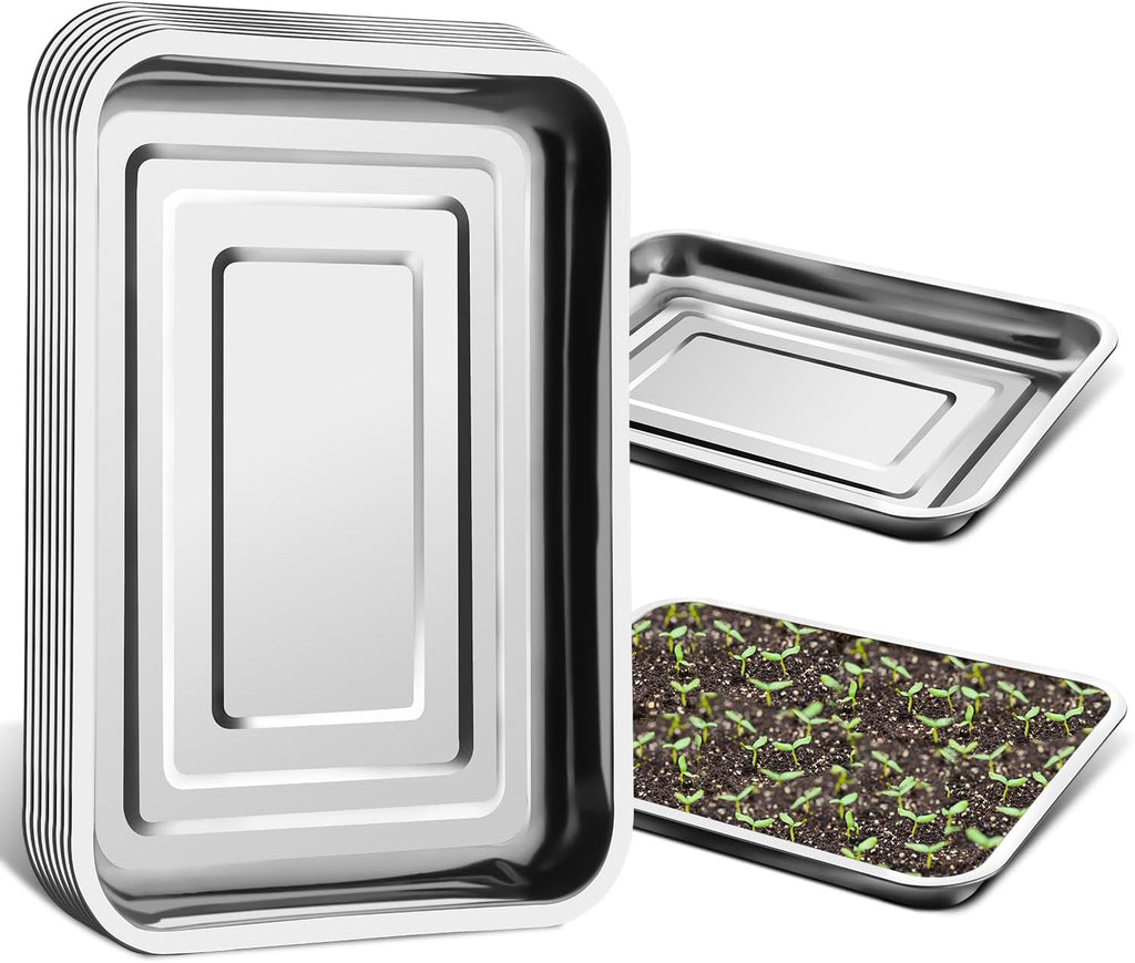Stainless Metal Trays, Stainless Steel Seed Starter Carry Tray Fit 54 Cell Plug Tray, Nursery Seedling Pots Water Collection Transplantation (11.6 inch×15.2 inch, 1.45" Height, 10-Pack)