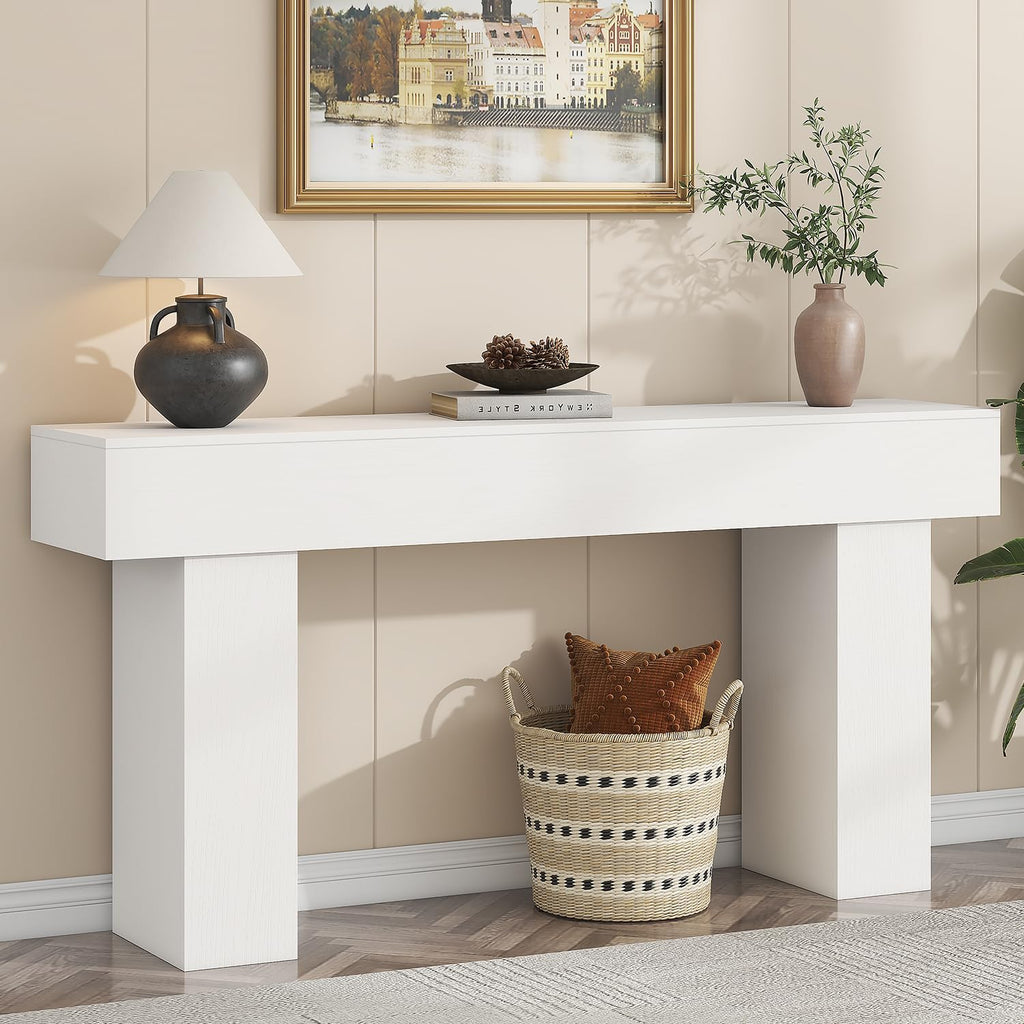63 Inch Long Console Table for Entryway, Farmhouse Wood Rectangular Sofa Table Behind Couch Table, Narrow Entryway Table for Living Room, Entrance, Hallway, Foyer, Easy Assembly (Classic White)