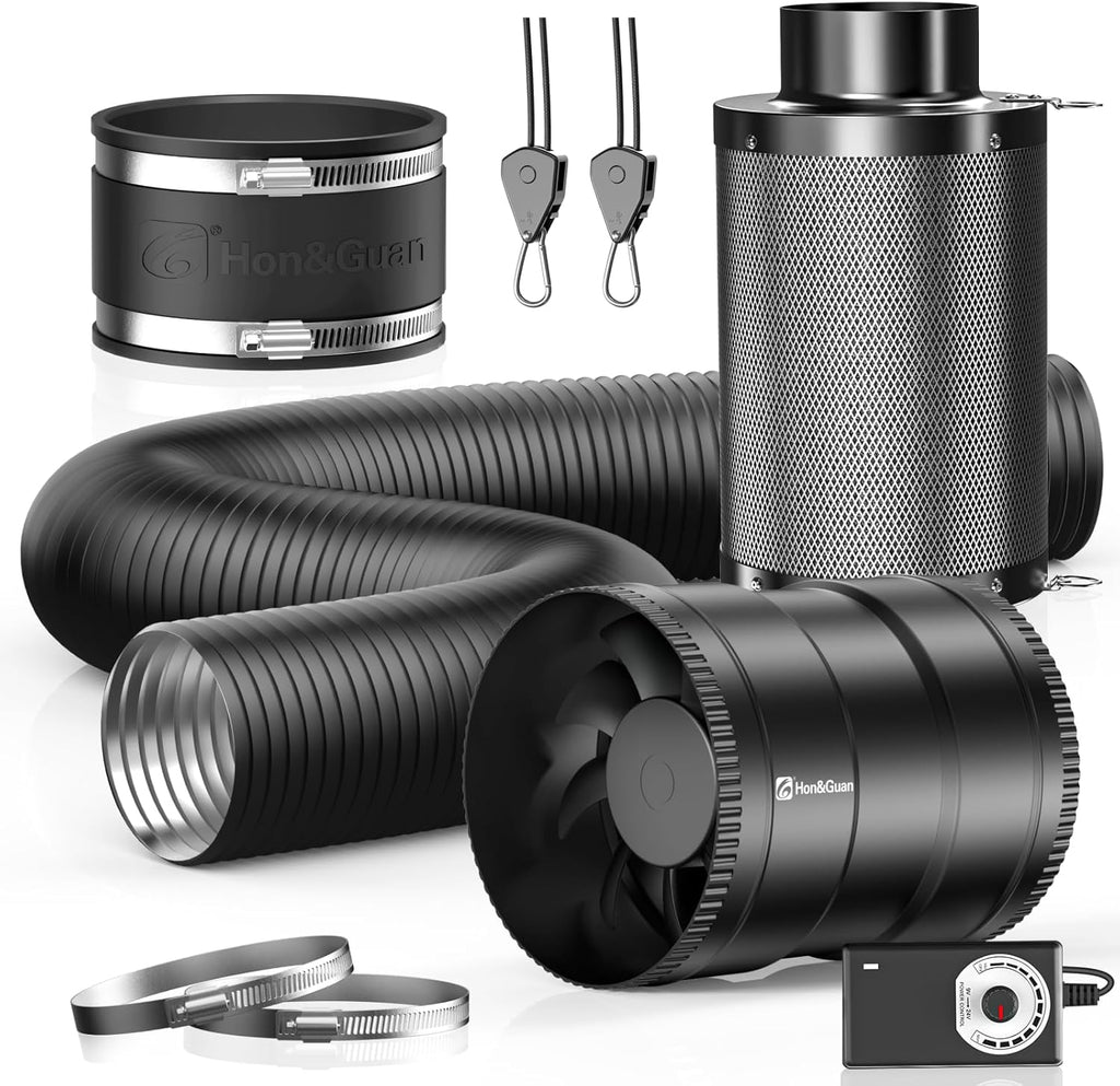 Hon&Guan 6" Air Filtration Kit: 6 Inch Inline Duct Fan with Speed Controller, 12" High Carbon Filter, 8 Ft Ducting & Rubber Coupler, Ventilation System for Grow Tents, Indoor Gardening, Hydroponics