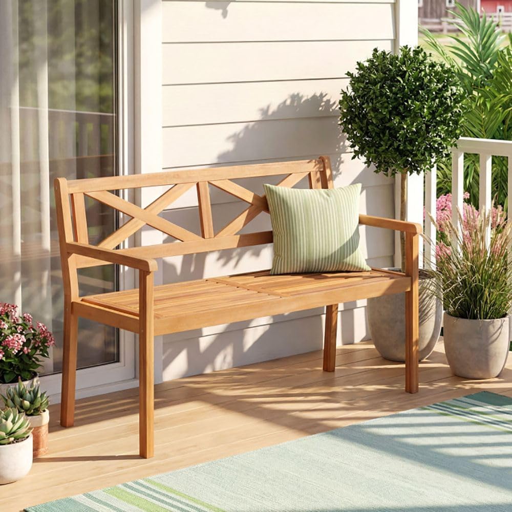 Solid Acacia Wood Outdoor Chair Armrests Backrest 44in Seat 800lb Capacity Backyard