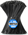 XINGO 1000 PCS Black Zip Ties 8 Inch, 60 LBS Tensile Strength, Self-Locking Nylon Plastic Nylon PA66 Wire Ties for Indoor and Outdoor Use