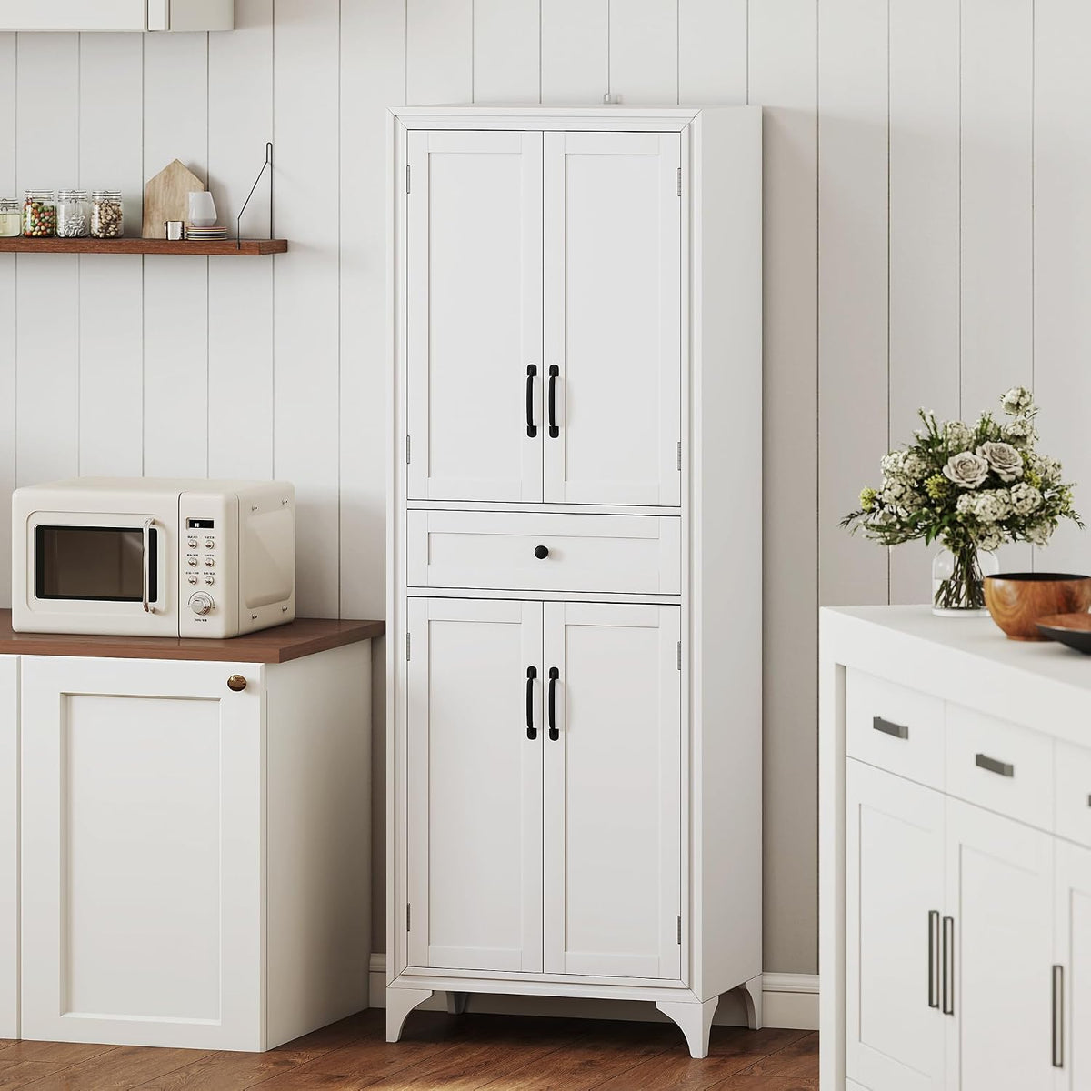 HOMCOM 67" Tall Freestanding Kitchen Pantry Cabinet, 4-Door Storage Cabinet with Drawer and Adjustable Shelves for Dining Room, White