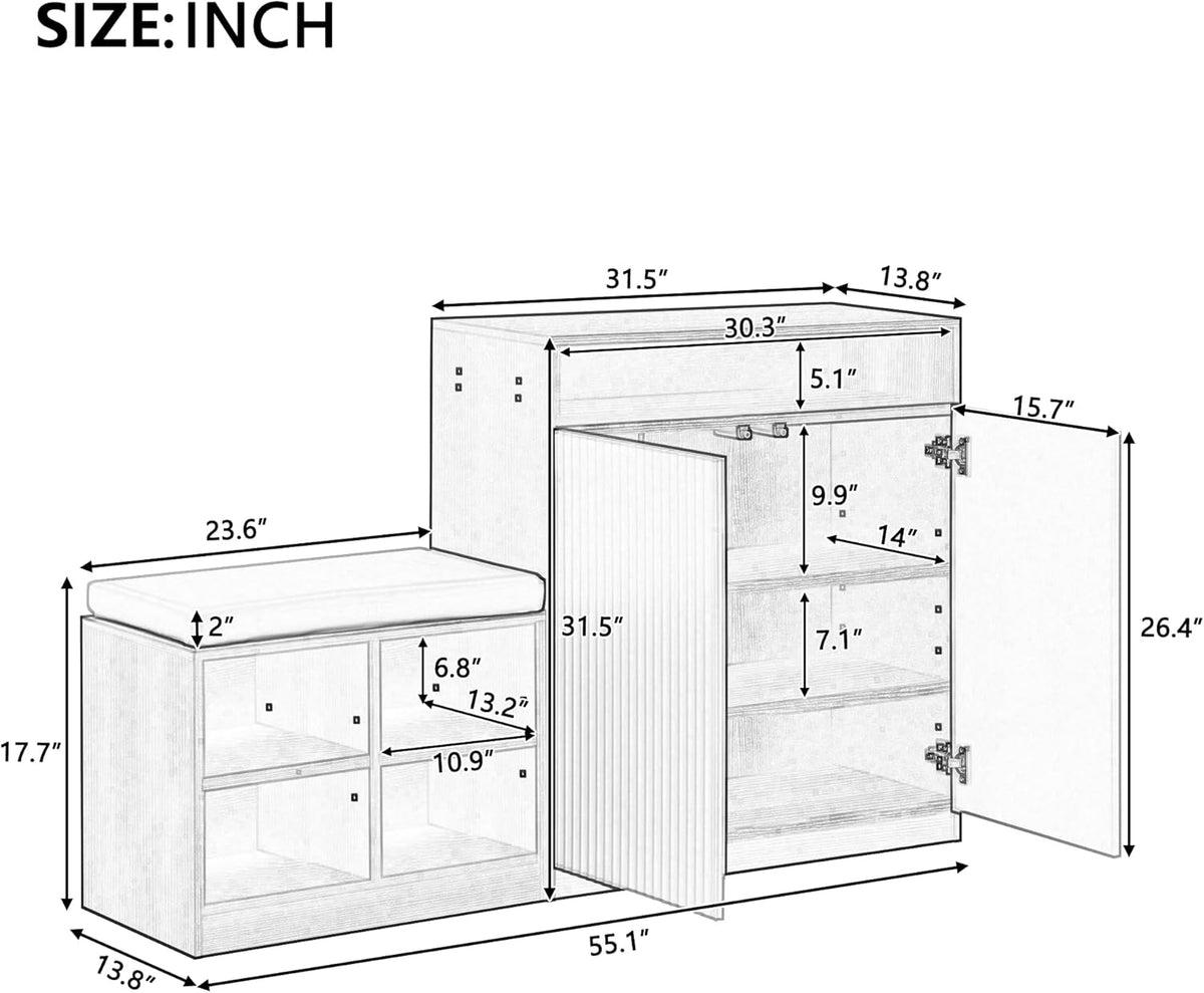 Modern Storage Cabinet with Shoe Bench, 2 Doors and 3-Tier Adjustable Shelves, Entryway Bench with 4 Open Shoe Racks and Removeble Cushion, Console Table with Wavy Slatted Door and Hooks (Beige+Black)