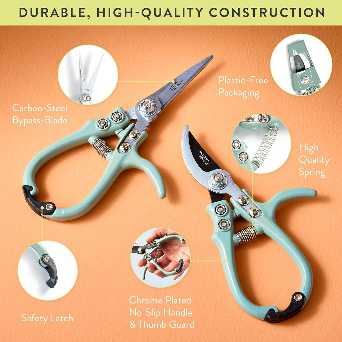 Modern Sprout Hand Pruners & Shears Set with Blister Pack - Lightweight Gardening Tools with Easy Lock - Sharp Carbon Steel Blades -Rust Resistant Scissors for Herbs, Flowers - Lavender