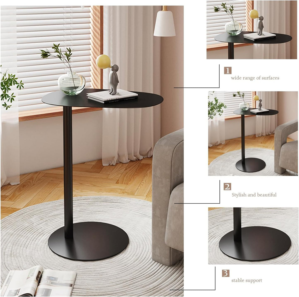 GFFQLXHTC-Shaped Metal Side Table, Black Iron End Table for Small Space, TV Tray Slides Under Couch Sofa, Laptop Table for Living Room Bedroom Bathroom (White, Height - 27.6in)