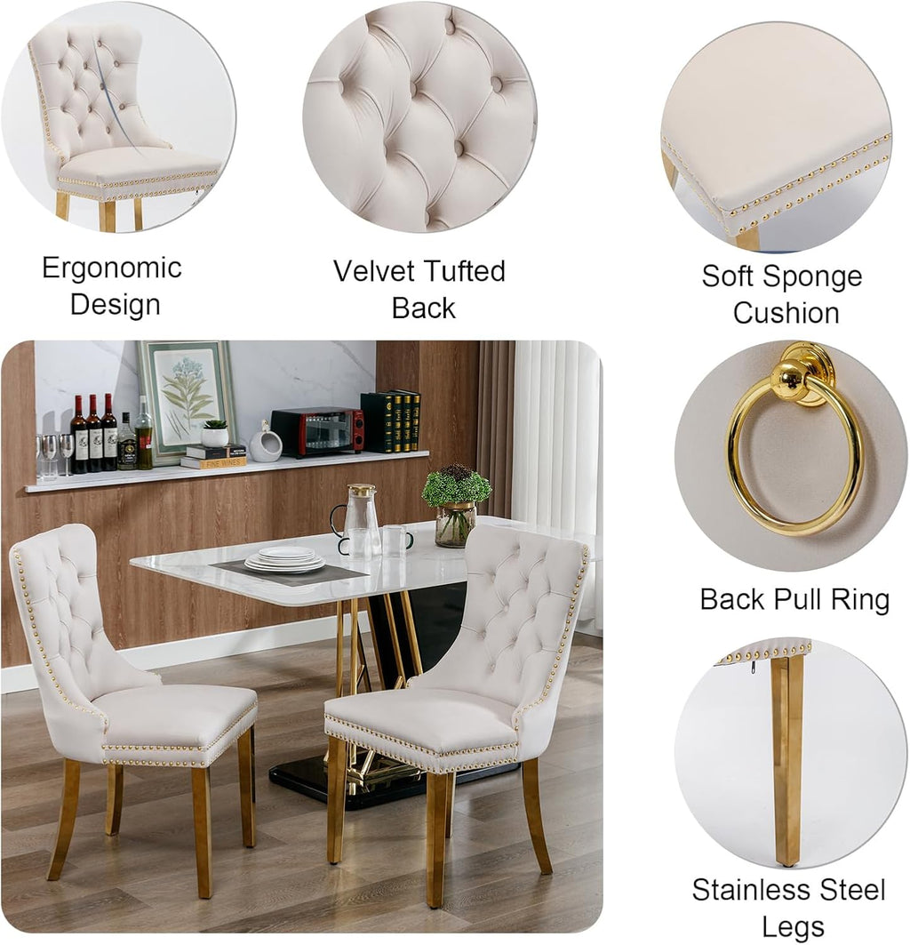 7 Piece Dining Table Set, White Faux Marble Dining Table with 6 Beige Velvet Dining Chairs, 68.11" Kitchen Table and Chair Set with Gold Stainless Steel Base, Luxury Dining Table Set for Kitchen