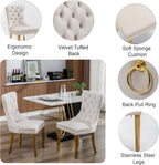 7 Piece Dining Table Set, White Faux Marble Dining Table with 6 Beige Velvet Dining Chairs, 68.11" Kitchen Table and Chair Set with Gold Stainless Steel Base, Luxury Dining Table Set for Kitchen