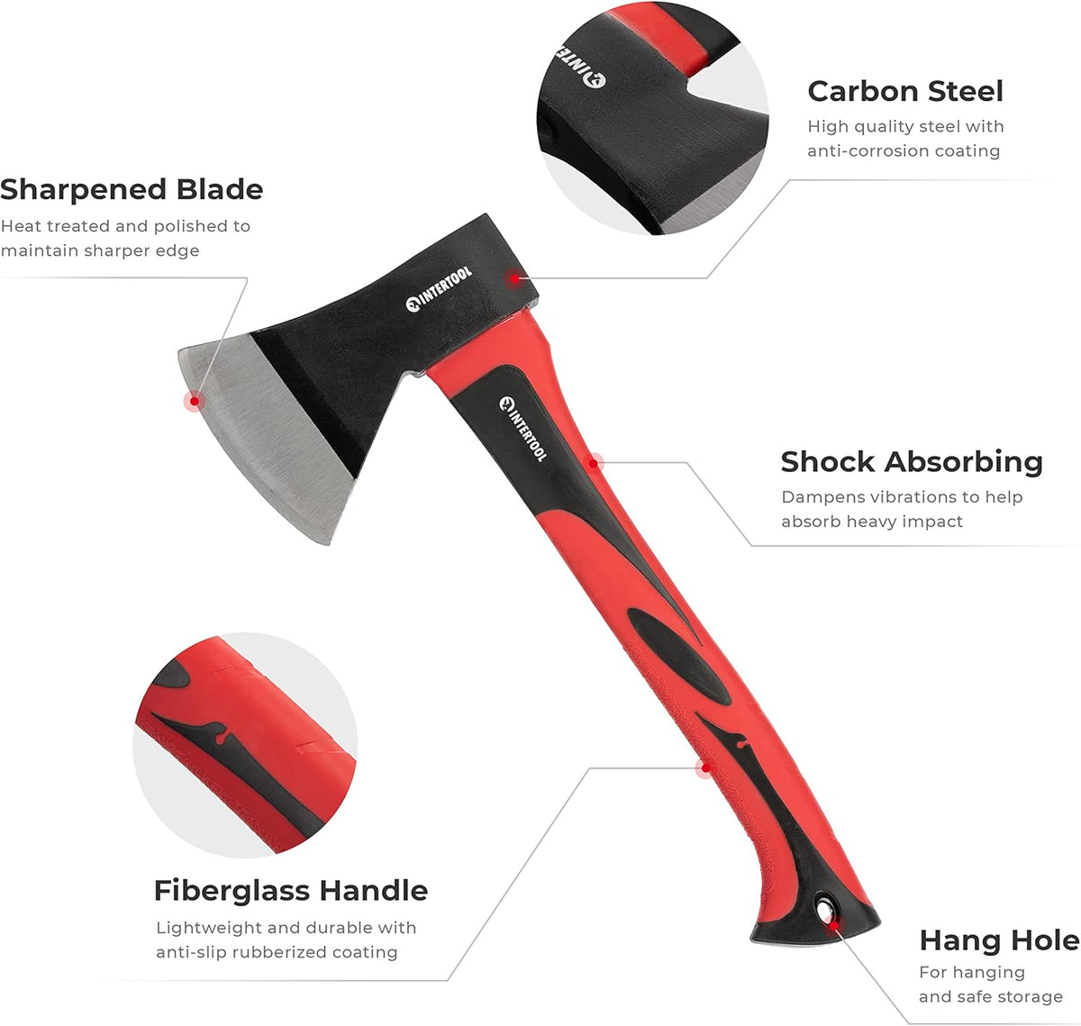 INTERTOOL 15” Camping Hatchet Axe – Compact Wood Splitting Tool with Fiberglass Shock-Resistant Handle, Small Axe for Chopping Firewood, Kindling, and Survival Gear – HT-0262