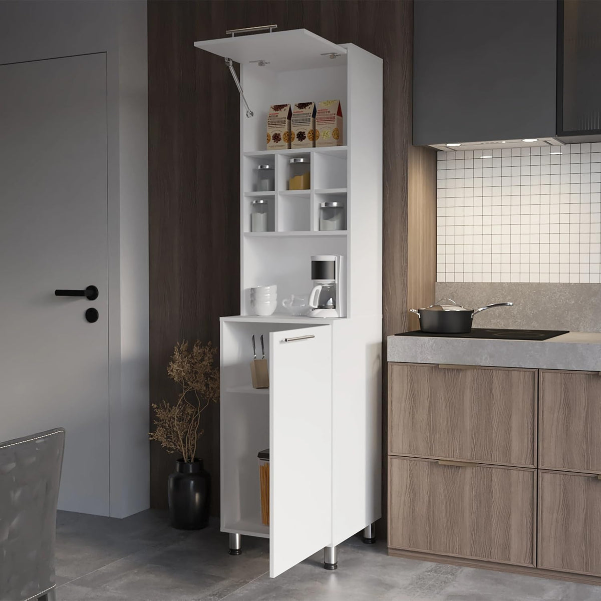 White Kitchen Pantry with Pneumatic Doors and Open Storage