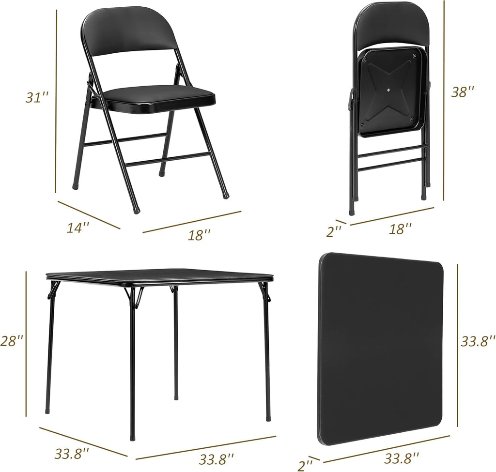 VECELO Folding Card Table and Chair Set of 5 Portable with Padded Tabletop, No Assembly Required, Black