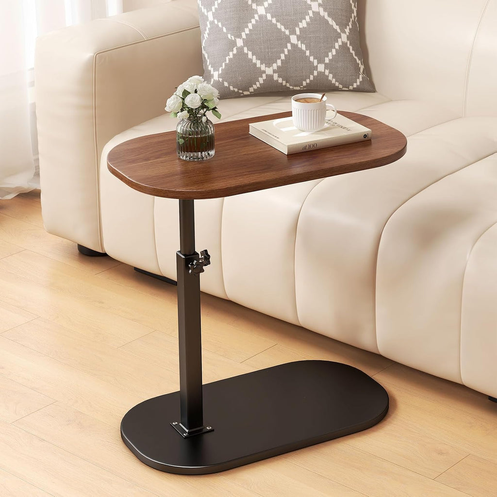C Shaped End Table Adjustable Height, 360°Swivel Couch Table That Slide Under, Mobile C Shaped Side Table for Bed and Sofa, Rotating C Small Coffee Tables for Small Spaces (Walnut)