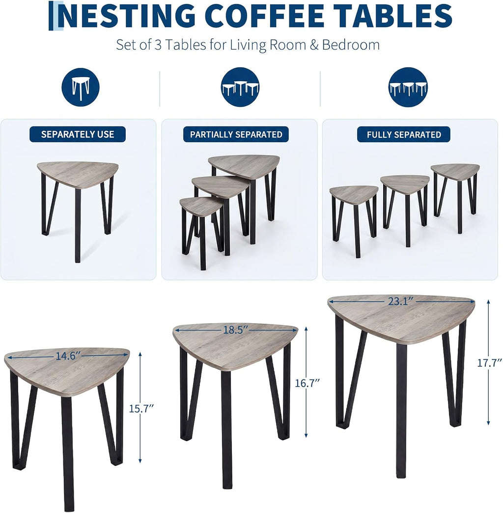 Nesting Coffee Tables Set of 3,Rustic Industrial Triangle Side End Table for Home