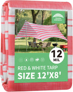 RAINDEWAY Tarps 8x12 Feet,12 Mil Sunshade Striped Tarp Waterproof,Multipurpose Poly Tarp Cover with Grommets and Reinforced Edges,Red/White Tarps