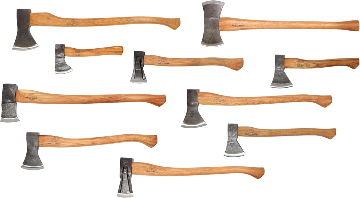 1844 Helko Werk Germany Axe Collection - 10 Traditional Axes - Hinterland, Saxon, Spaltaxt, Mini Spalter, Bavarian, Hessen, Black Forest Woodworker, Rheinland Pack Axe, Rheinland Hatchet, Wölfling