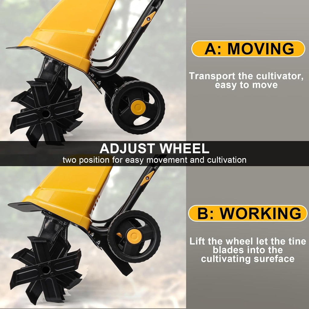 Electric Tiller/Cultivator 4 Steel Tines, 8'' Tilling Depth Garden Roto Tillers for Gardening, 13.5 Amp 12 Inch Corded Rototiller with Adjustable Wheels, Yellow