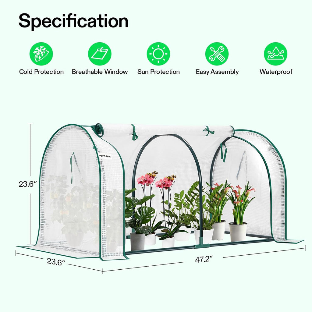 VIVOSUN Portable Mini Greenhouse 47x23x23-Inch Tunnels, PE Cover with Roll-up Zipper Door, for Indoor Outdoor or Garden Plant Growing, White