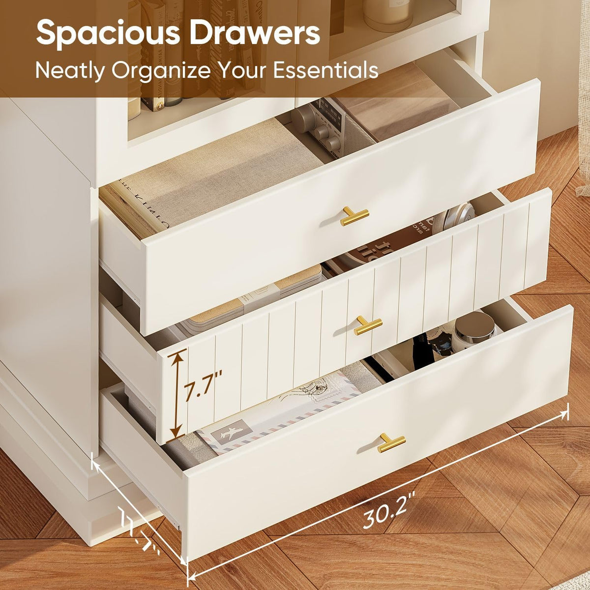 71" Arched Kitchen Cabinet, Double Glass Door Display and Storage Cabinets with Drawers, Modern Pantry for Dining Room and Living Room, White with Gold Handles, 2 of Set