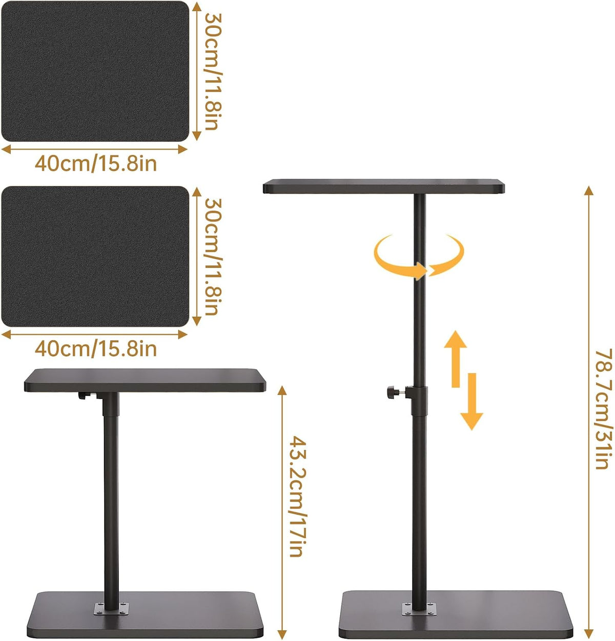NiHome Minimalist Height Adjustable End Table, 360° Rotatable Sofa Armrest Side Tray Table, Adjustable Legs Space-Saving Couch Bedside TV Tray C-Shaped End Table Snack Table for Eating(Black)