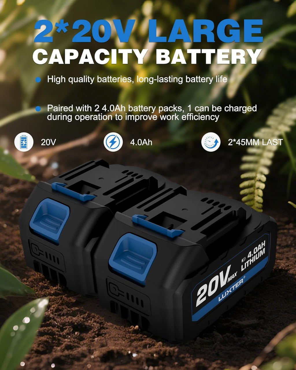 LUXTER 20V Cordless Tiller for Gardening 8.6 Inch Electric Garden Cultivator with 48 Steel Tines Lightweight Cultivators 2×4.0AH Batteries & Fast Charger for Smooth Ground Breaking,Tending,Composting