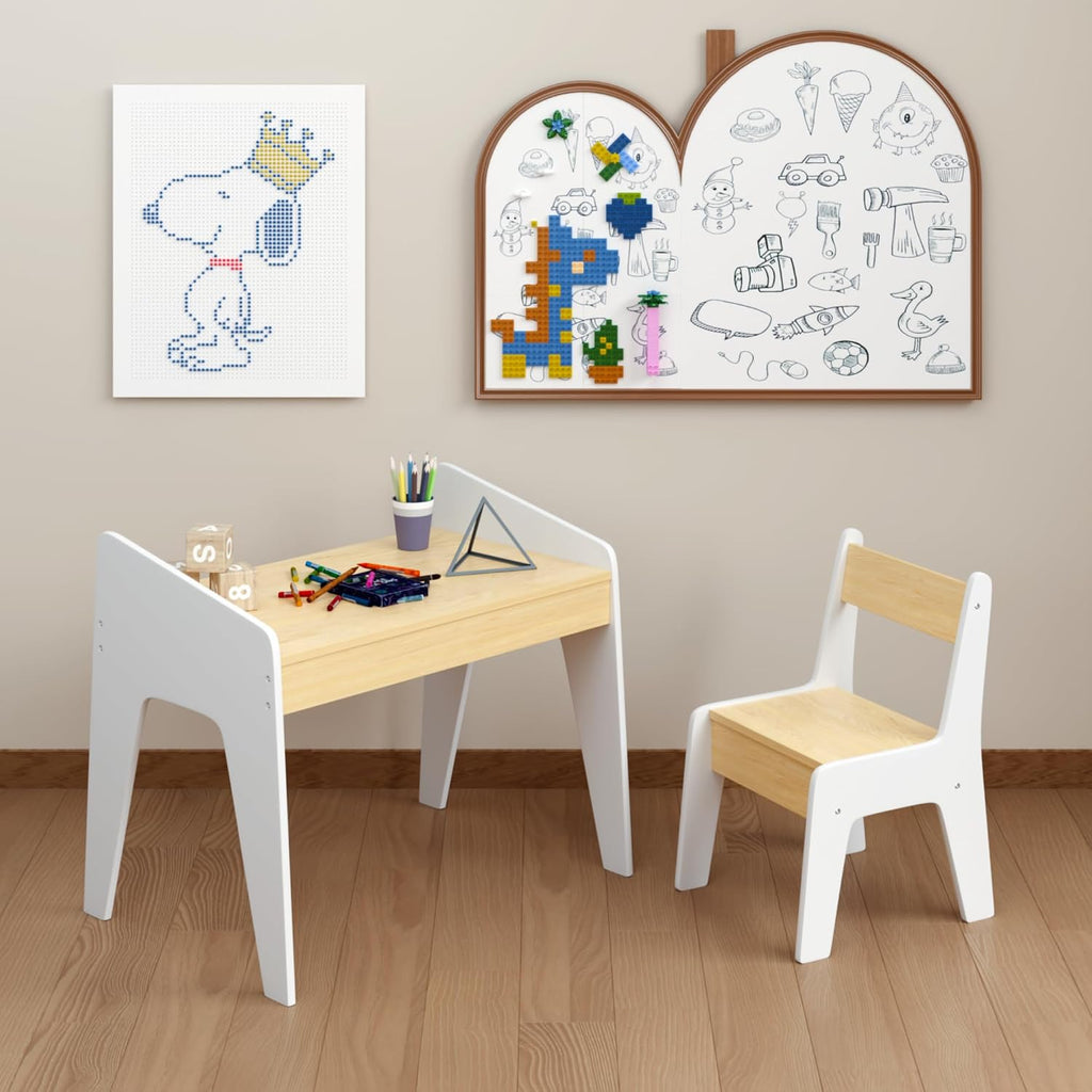 Kids Table and Chair Set, Wooden Children's Study Desk & Play Table for Ages 2-8, White and Natural MDF Furniture