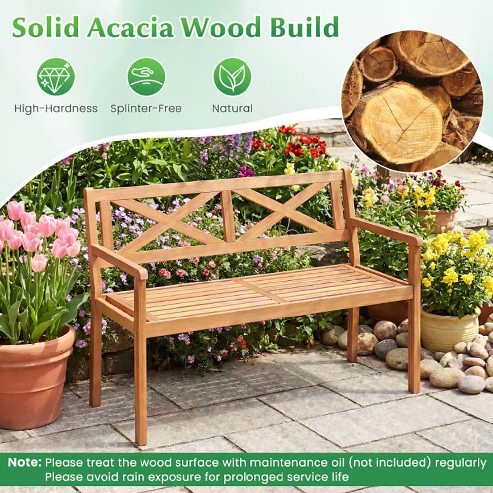 Acacia Wood 2-Person Porch Chair Armrests Backrest 44in Seat Width 800lb Capacity Poolside