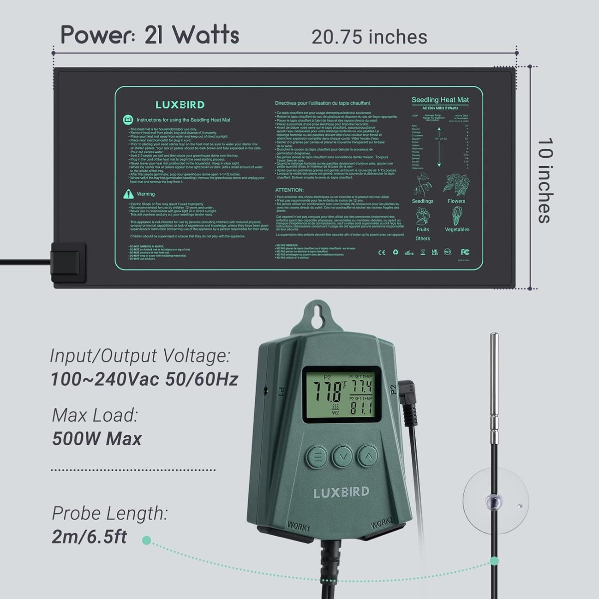 LUXBIRD 2 Pack 10"x 20.75" Seedling Heat Mat and Digital Thermostat Controller Combo Set (120v US Plug)